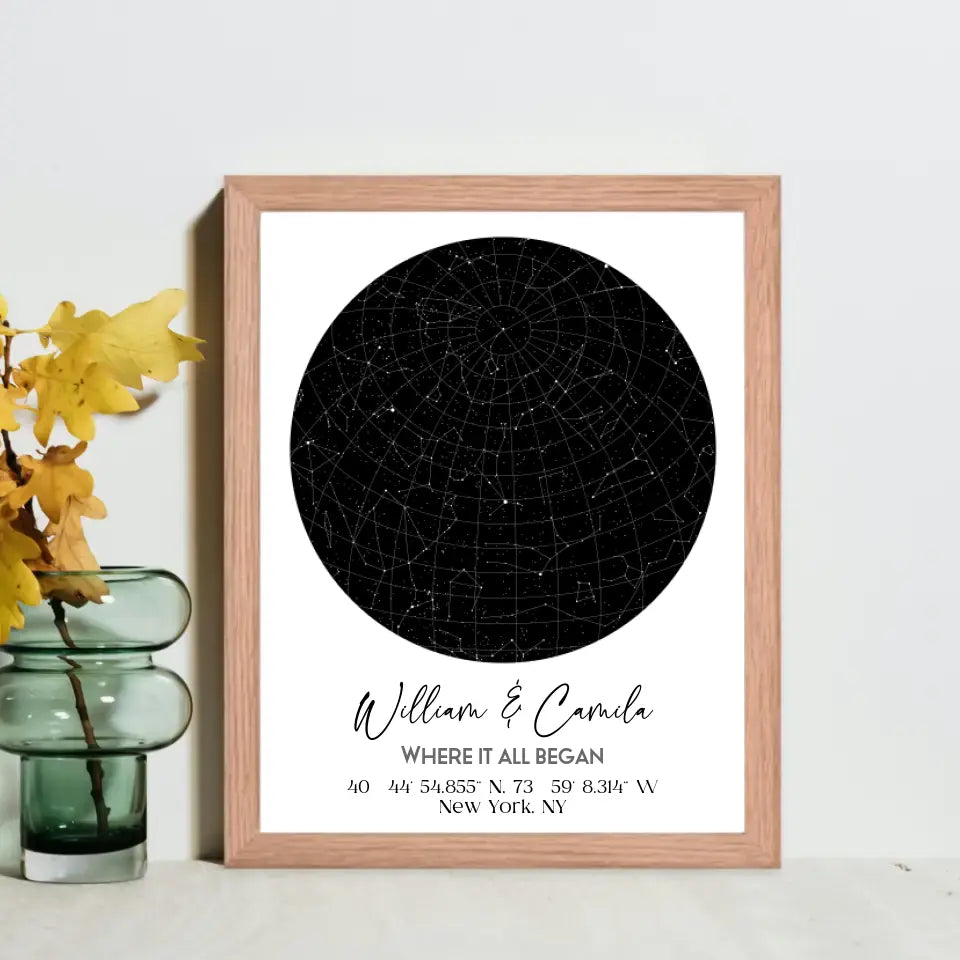 Red Oak 11x14 inch framed custom star map featuring a black circular night sky with constellations, personalized with the names 'William & Camila,' coordinates, and the message 'Where It All Began'