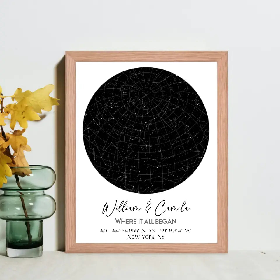 Red Oak 16x20 inch framed custom star map featuring a black circular night sky with constellations, personalized with the names 'William & Camila,' coordinates, and the message 'Where It All Began'