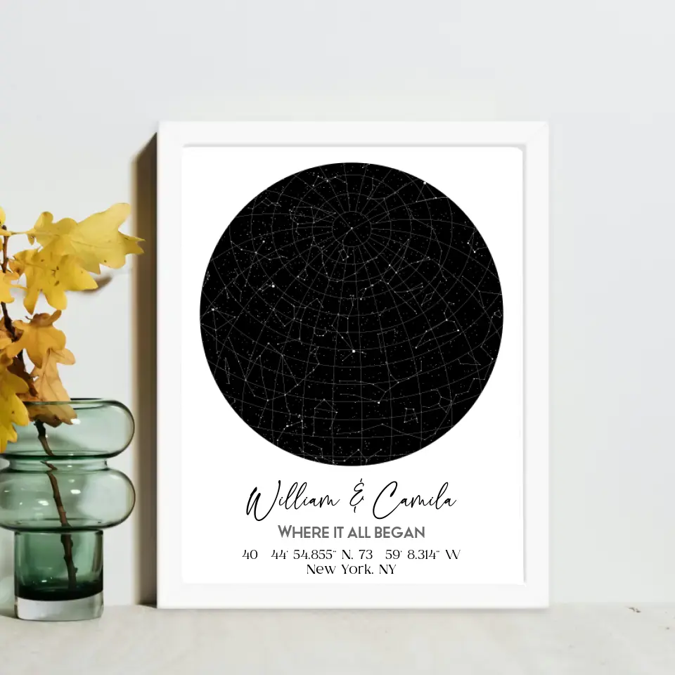 White 16x20 inch framed custom star map featuring a black circular night sky with constellations, personalized with the names 'William & Camila,' coordinates, and the message 'Where It All Began'