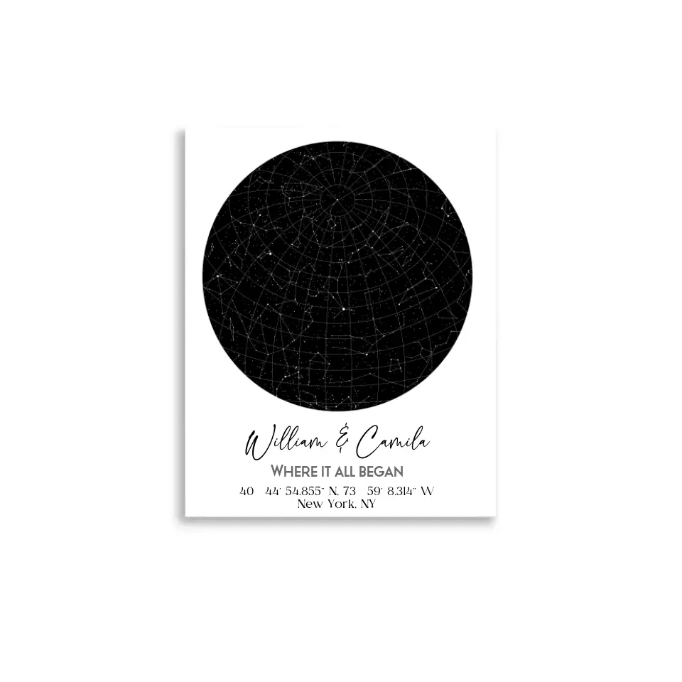 16x20 inch poster of custom star map featuring a circular night sky with constellations, personalized with the names 'William & Camila,' coordinates, and the message 'Where It All Began'