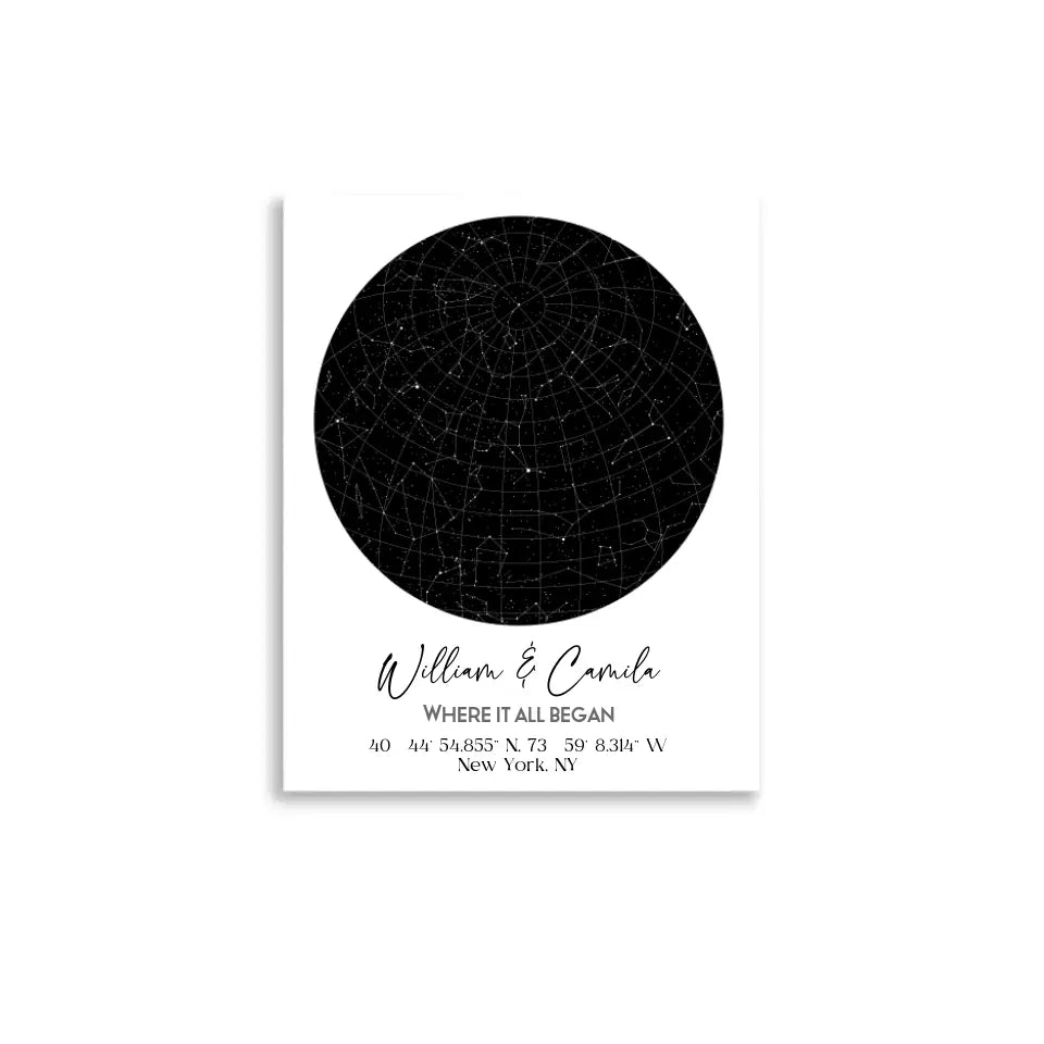 11x14 inch poster of a custom star map featuring a circular night sky with constellations, personalized with the names 'William & Camila,' coordinates, and the message 'Where It All Began'