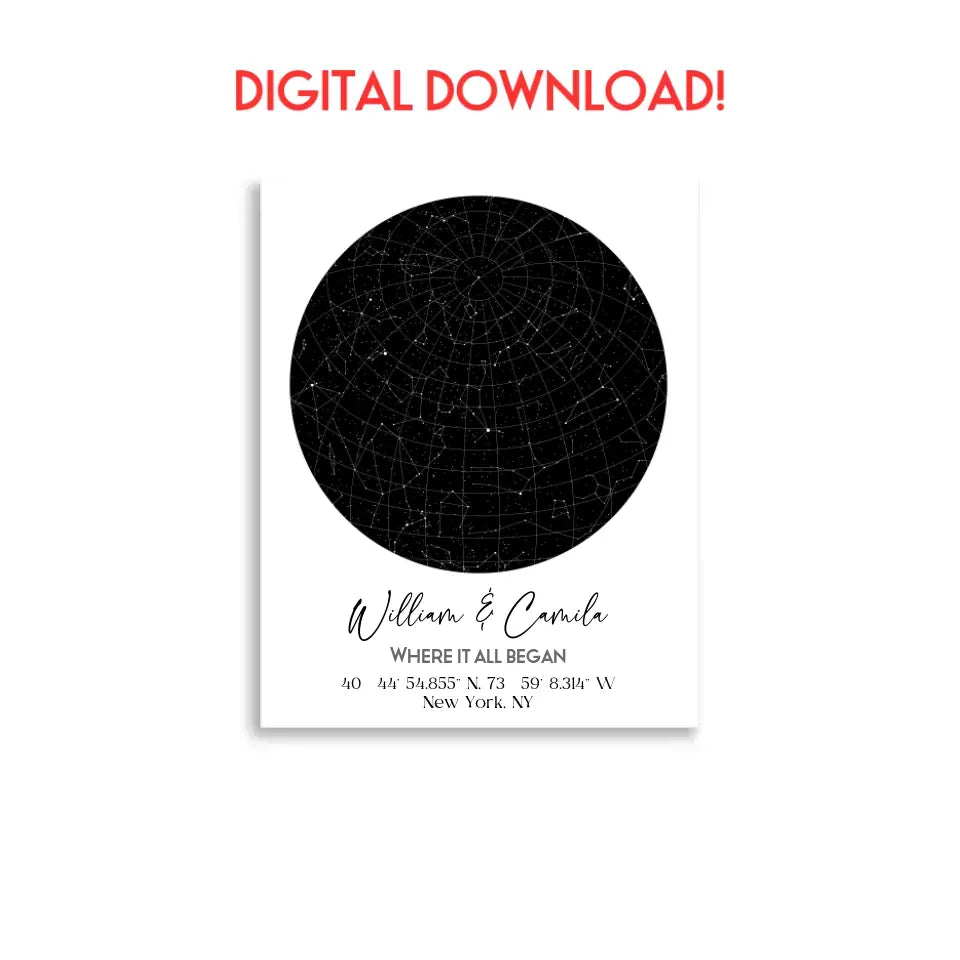 11x14 inch digital download of a custom star map featuring a circular night sky with constellations, personalized with the names 'William & Camila,' coordinates, and the message 'Where It All Began'