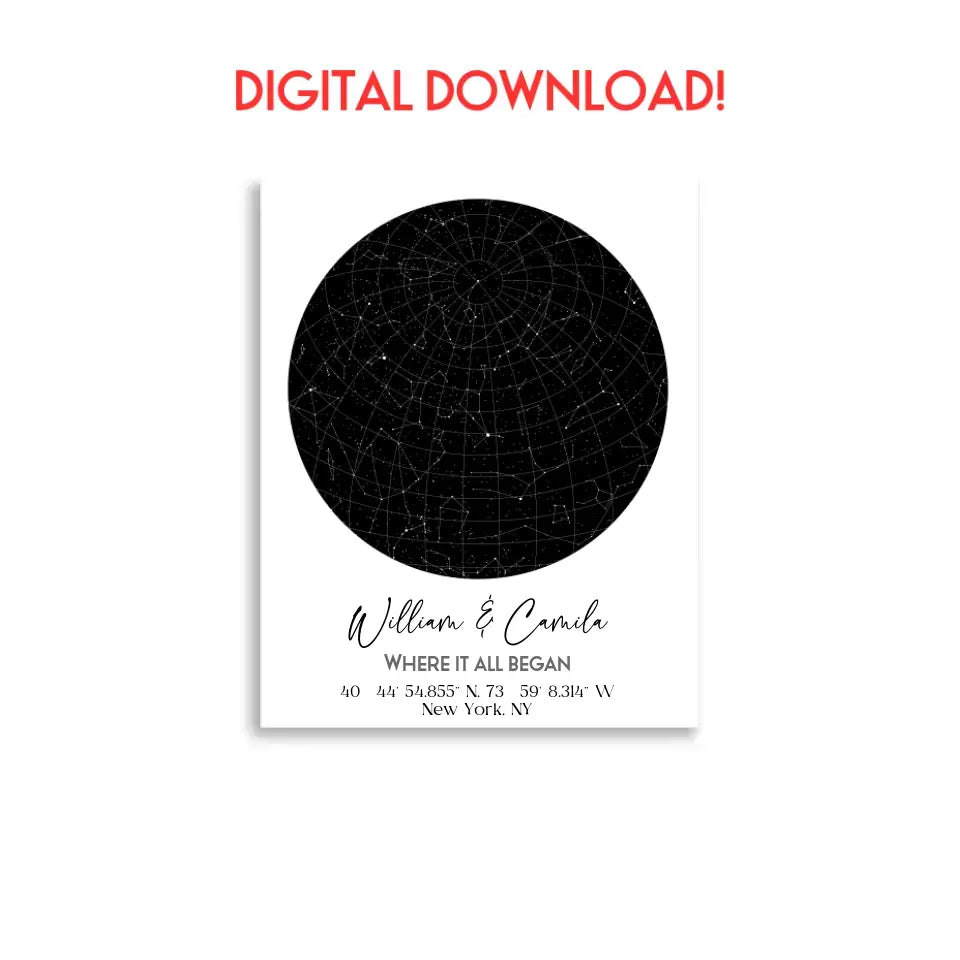 16x20 inch digital download of a custom star map featuring a circular night sky with constellations, personalized with the names 'William & Camila,' coordinates, and the message 'Where It All Began'