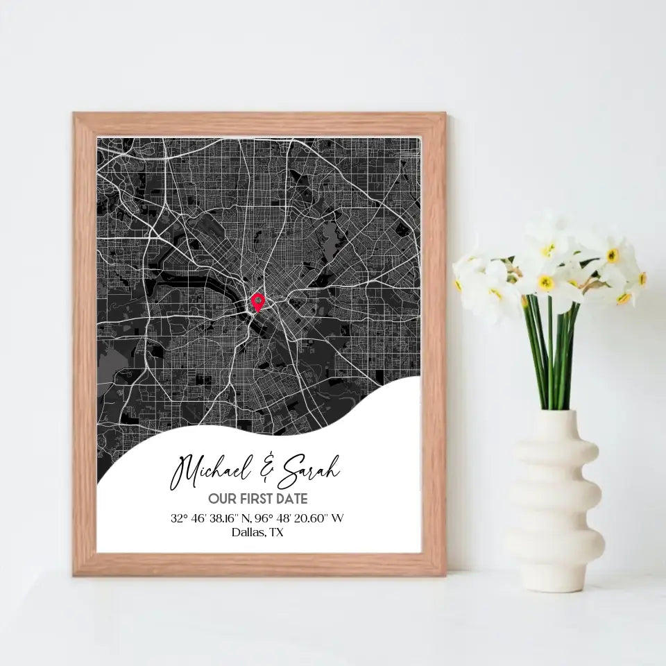 11x14 inch framed Our First Date map print with a red oak frame, showing a city map with a red pin marking a location, personalized with the names 'Michael & Sarah' and coordinates for Dallas, TX.