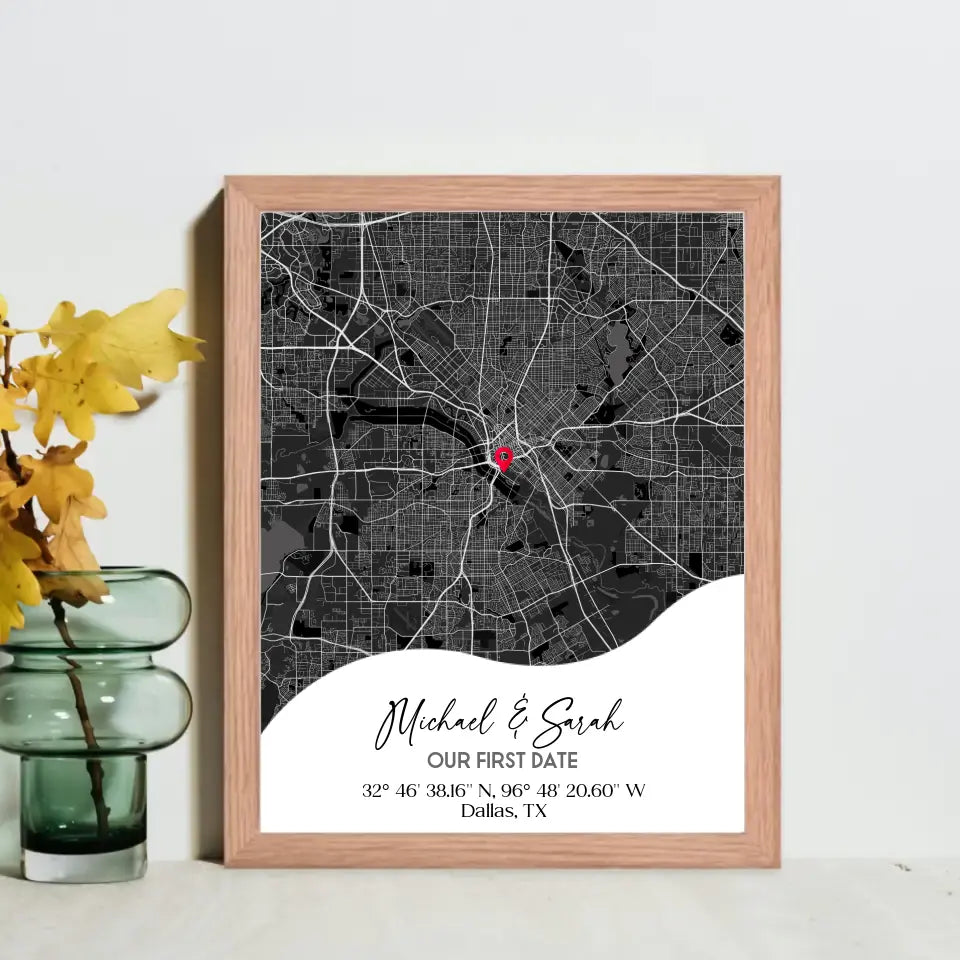 8x10 inch framed Our First Date map print with a red oak frame, showing a city map with a red pin marking a location, personalized with the names 'Michael & Sarah' and coordinates for Dallas, TX.