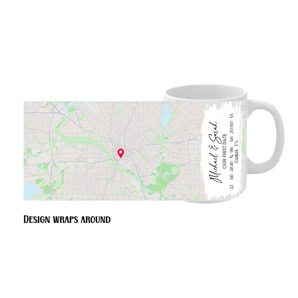 11oz Couple mugs featuring a wraparound city map design with a red location pin, personalized with the names 'Michael & Sarah' and coordinates for Dallas, TX.