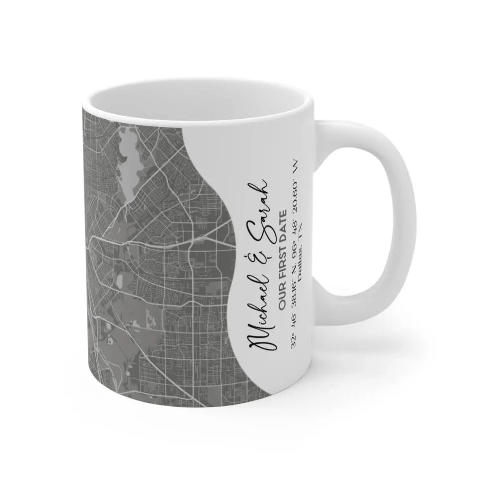 11oz Couple mugs featuring a gray wraparound city map design with a red location pin, personalized with the names 'Michael & Sarah' and coordinates for Dallas, TX.