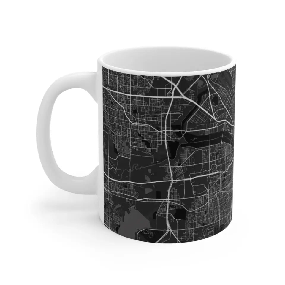 11oz Couple mugs featuring a black wraparound city map design with a red location pin, personalized with the names 'Michael & Sarah' and coordinates for Dallas, TX.