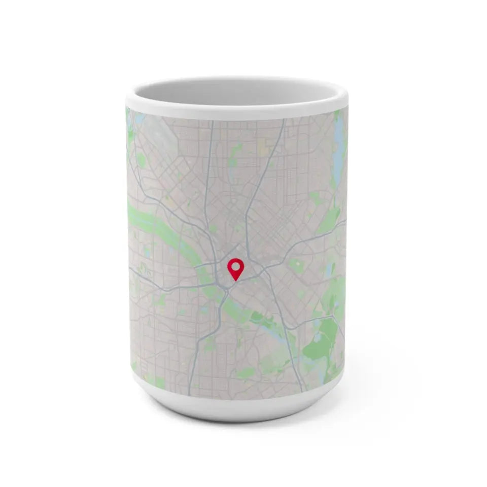 11oz Couple mugs featuring a light gray/beige wraparound city map design with a red location pin, personalized with the names 'Michael & Sarah' and coordinates for Dallas, TX.