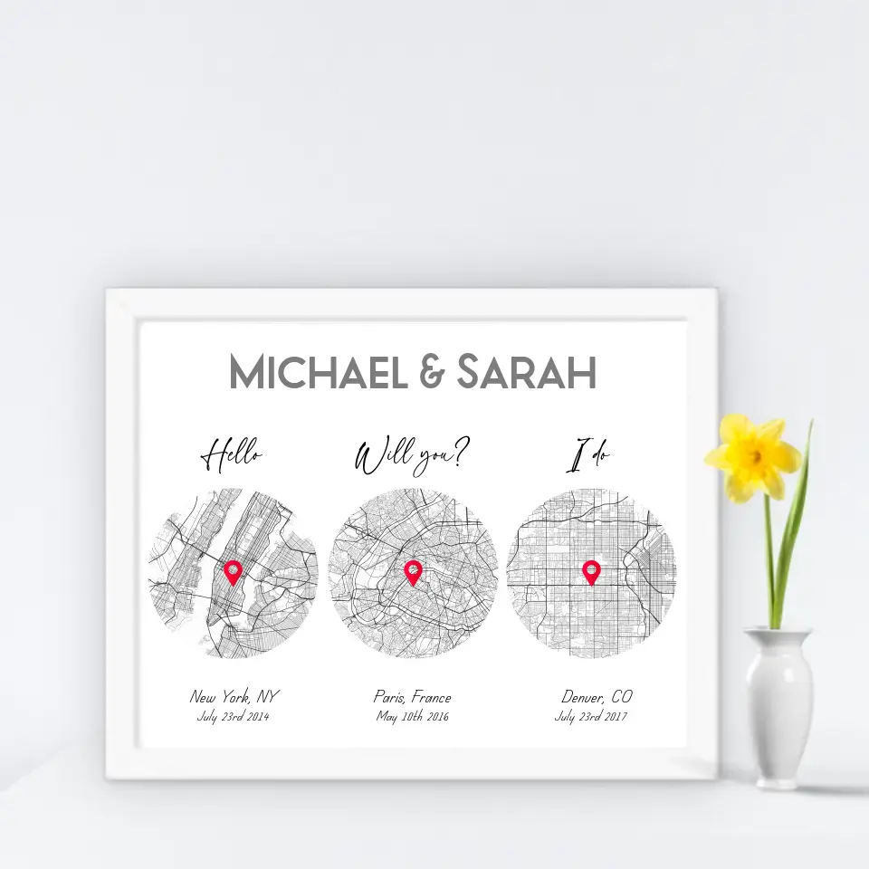 14x11 inch print with a white frame, showing a city map with three different locations of Hello Will you I do, personalized with the names 'Michael & Sarah’, places, and coordinates.