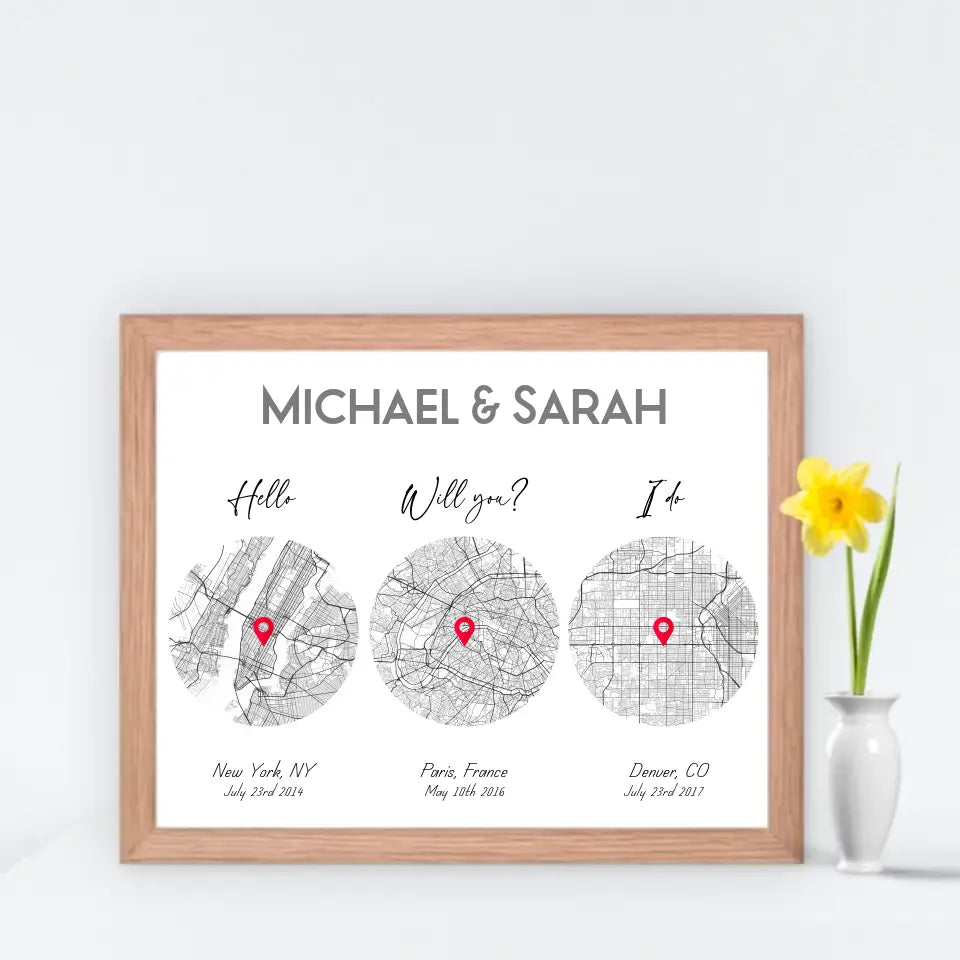 14x11 inch print with a red oak frame, showing a city map with three different locations of Hello Will you I do, personalized with the names 'Michael & Sarah’, places, and coordinates.