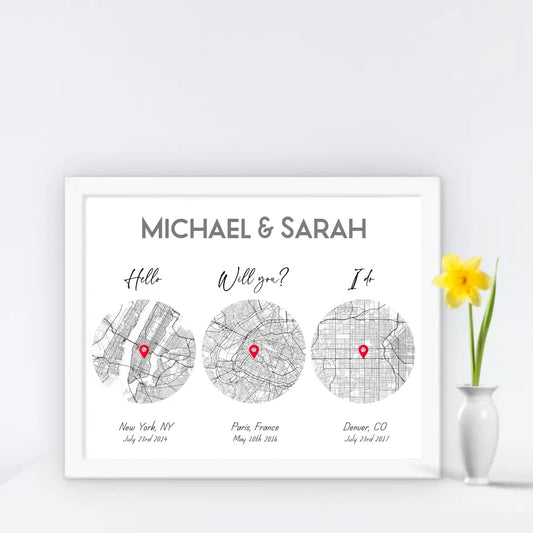 20x16 inch print with a white frame, showing a city map with three different locations of Hello Will you I do, personalized with the names 'Michael & Sarah’, places, and coordinates.