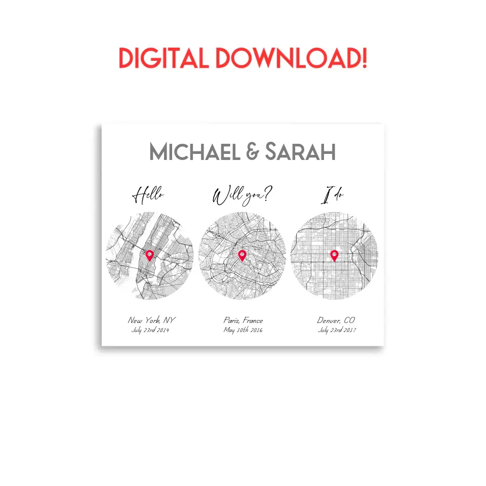 20x16 inch digital download file, showing a city map with three different locations of Hello Will you I do, personalized with the names 'Michael & Sarah’, places, and coordinates.