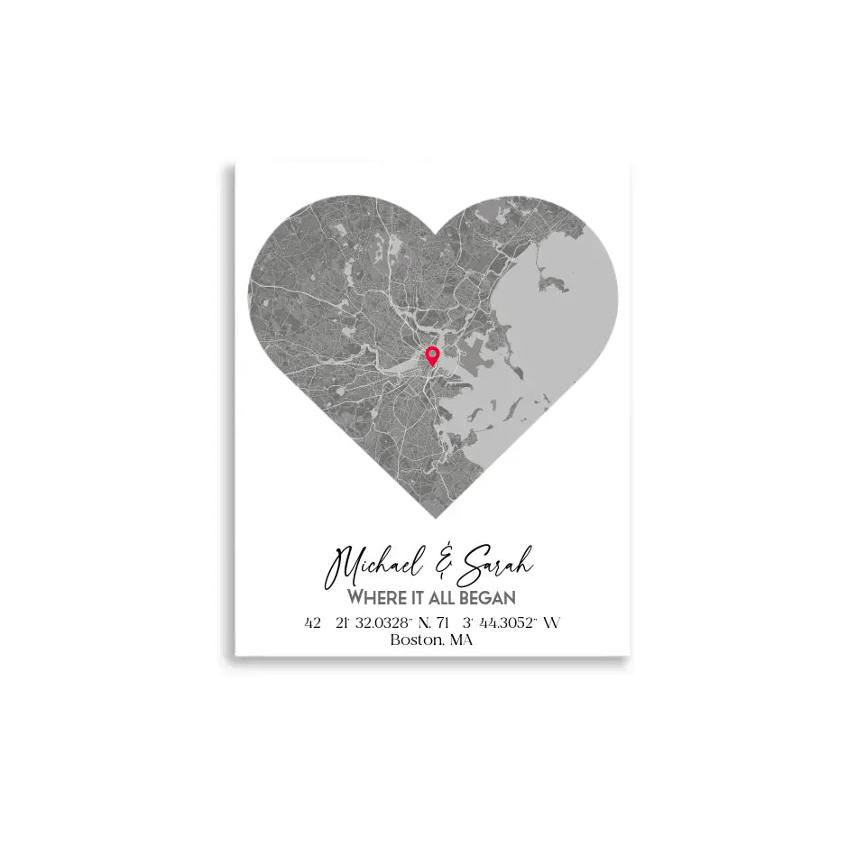 Where We Met Map Gift with a 16x20 inch poster, showing a city map with a red pin marking a location, personalized with the names 'Michael & Sarah' and coordinates for Boston, MA.