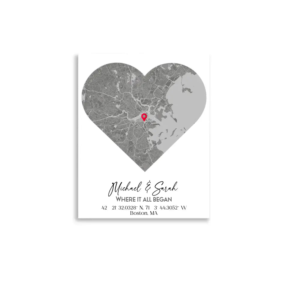 Where We Met Map Gift with an 11x14 inch poster, showing a city map with a red pin marking a location, personalized with the names 'Michael & Sarah' and coordinates for Boston, MA.