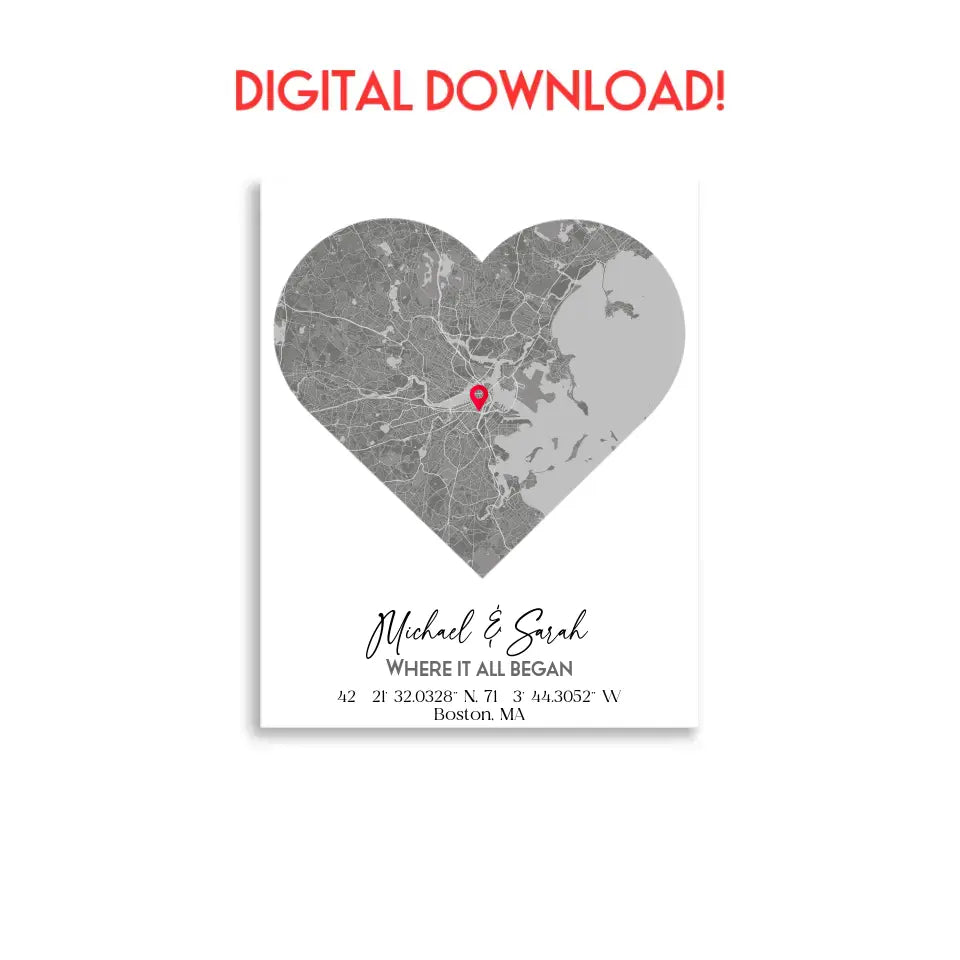 Where We Met Map Gift with an 11x14 inch digital download file, showing a city map with a red pin marking a location, personalized with the names 'Michael & Sarah' and coordinates for Boston, MA.