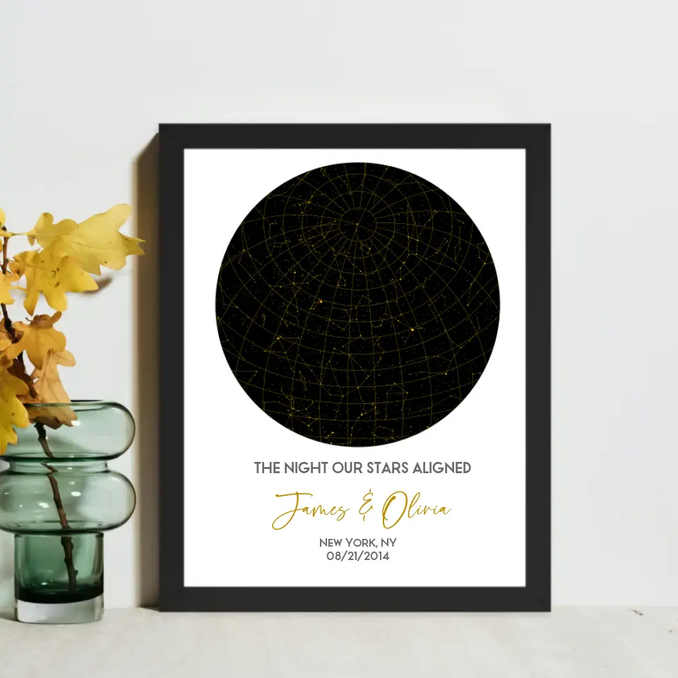 The star map gift is an 11x14 inch black framed poster featuring a circular night sky with constellations, personalized with the names, date, place, and the message ‘The night our stars aligned’.