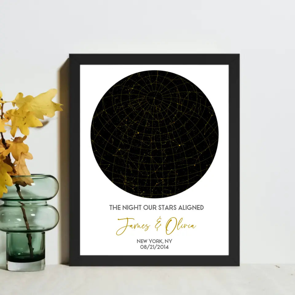 The star map gift is a 16x20 inch black framed poster featuring a circular night sky with constellations, personalized with the names, date, place, and the message ‘The night our stars aligned’.