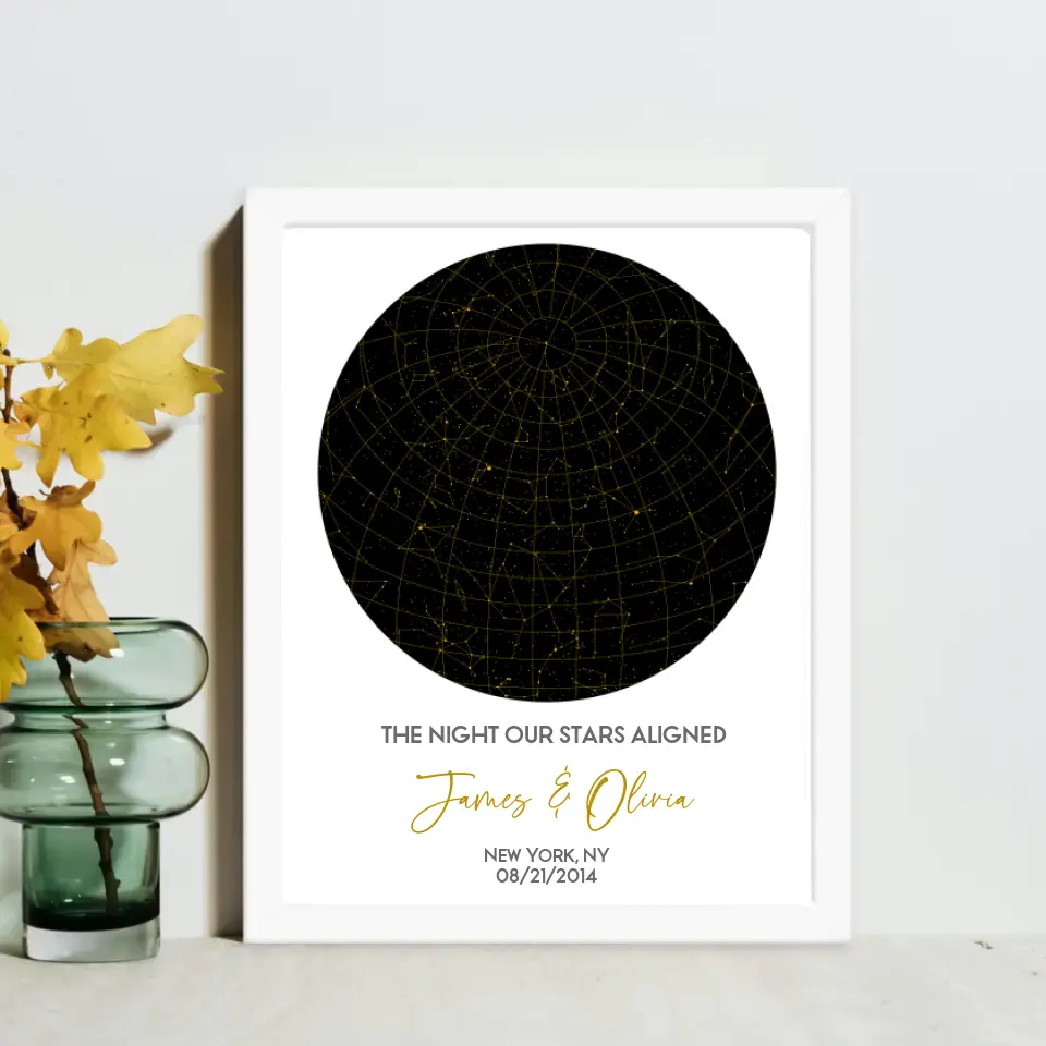 The star map gift is a 16x20 inch white framed poster featuring a circular night sky with constellations, personalized with the names, date, place, and the message ‘The night our stars aligned’.