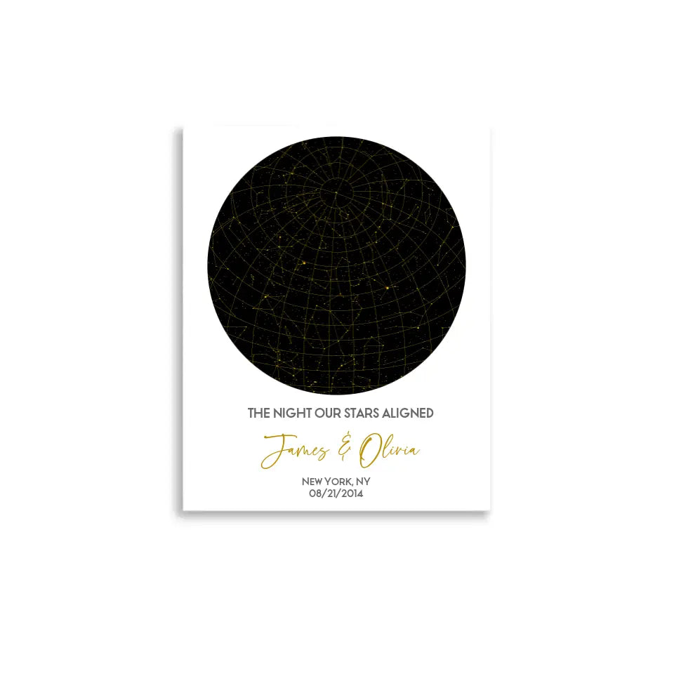 The star map gift is a 16x20 inch poster featuring a circular night sky with constellations, personalized with the names, date, place, and the message ‘The night our stars aligned’.