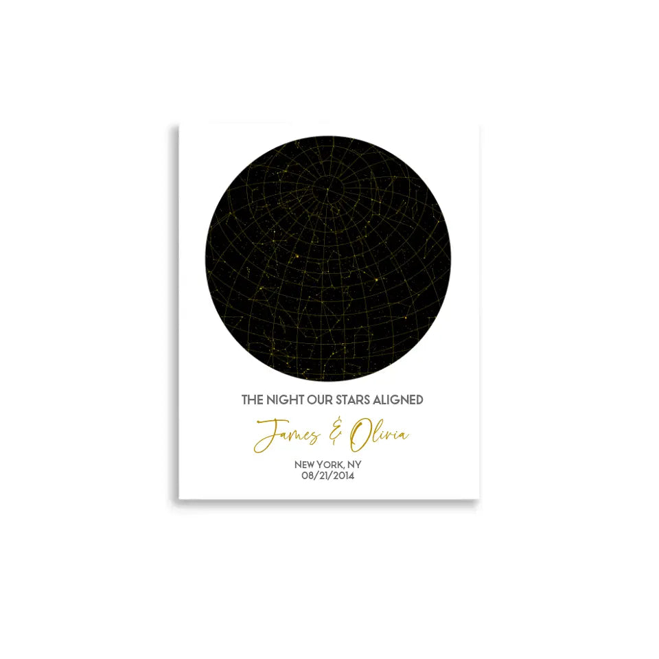 The star map gift is an 11x14  inch poster featuring a circular night sky with constellations, personalized with the names, date, place, and the message ‘The night our stars aligned’.