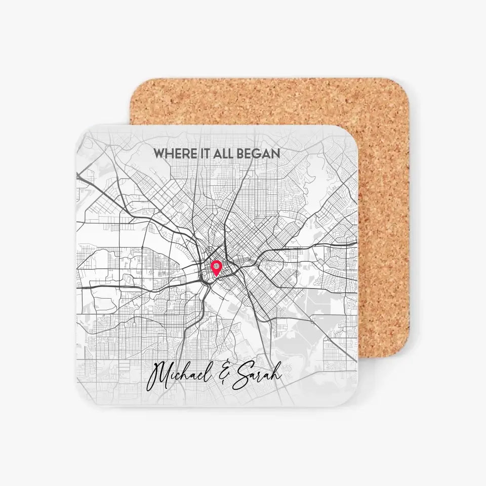 Personalized coasters featuring a city map design with a red location pin, customized with specific locations, your names, and titles. Front and back view.