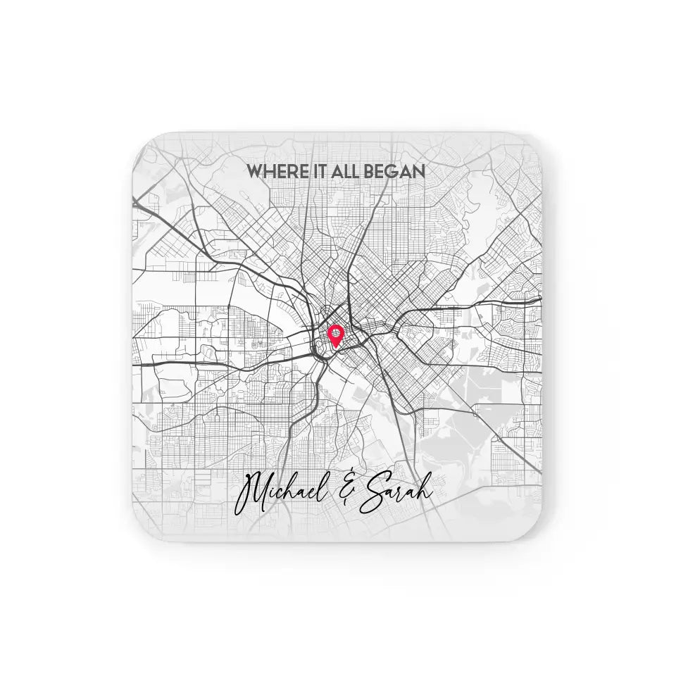 Front view of personalized coasters featuring a city map design with a red location pin, customized with specific locations, your names, and titles.