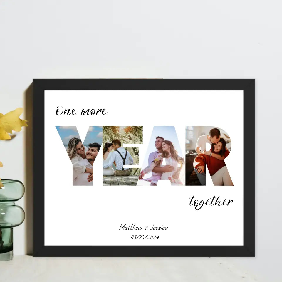 The photo collage in a black 14x11 inch frame features the word 'YEAR' filled with the couple's photos and personalized text: 'One more year together,' with names and date below is ideal for 8th Anniversary Gifts.