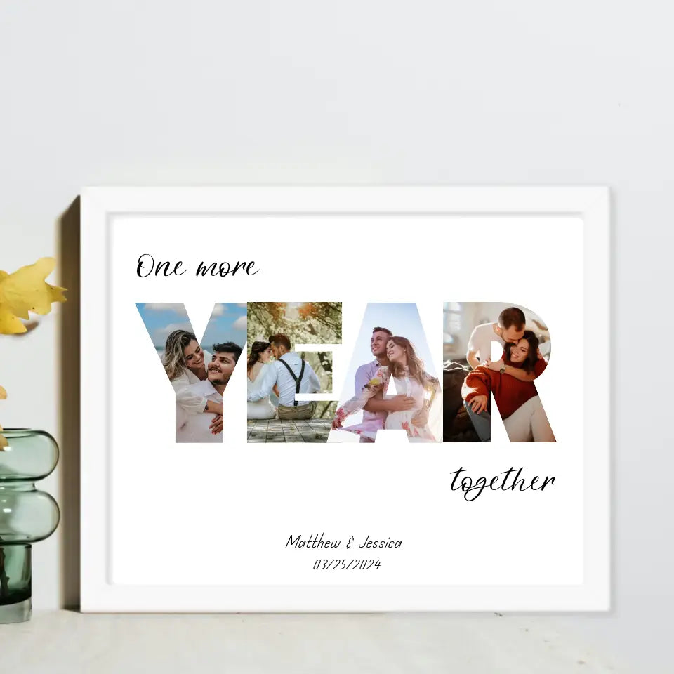 The photo collage in a white 14x11 inch frame features the word 'YEAR' filled with the couple's photos and personalized text: 'One more year together,' with names and date below is ideal for 8th Anniversary Gifts.