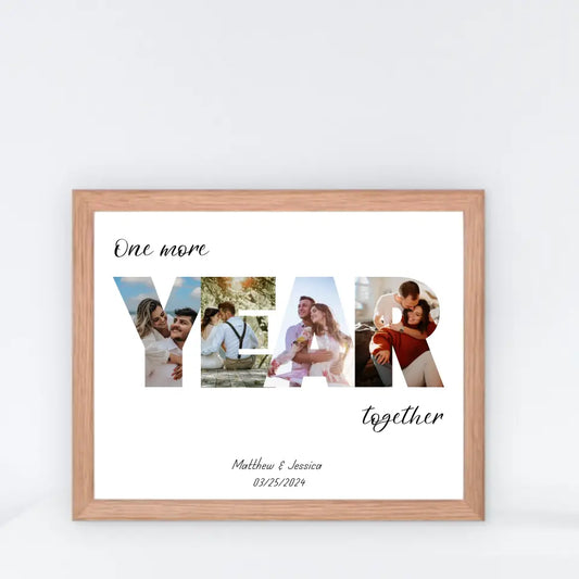 The photo collage in a red oak 14x11 inch frame features the word 'YEAR' filled with the couple's photos and personalized text: 'One more year together,' with names and date below is ideal for 8th Anniversary Gifts.