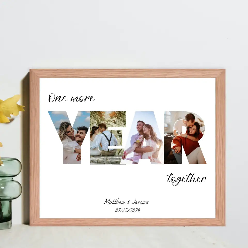 The photo collage in a red oak 20x16 inch frame features the word 'YEAR' filled with the couple's photos and personalized text: 'One more year together,' with names and date below is ideal for 8th Anniversary Gifts.