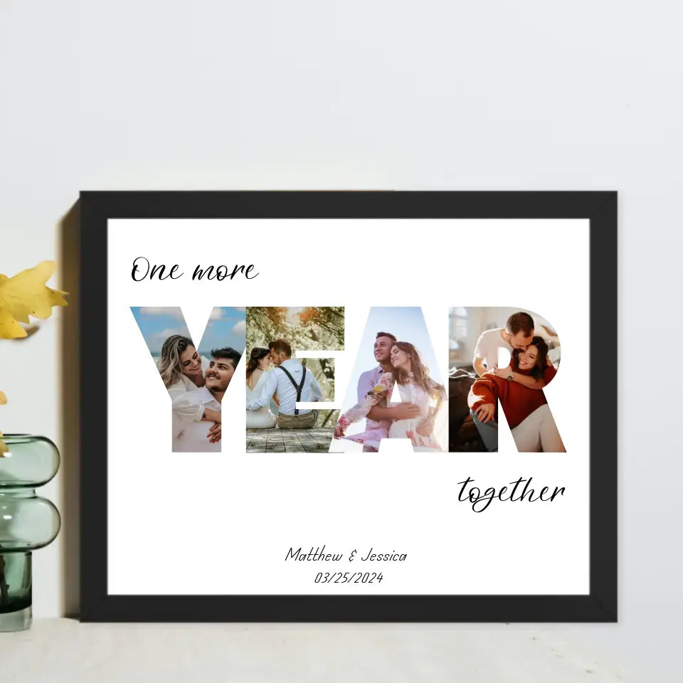 The photo collage in a black 20x16 inch frame features the word 'YEAR' filled with the couple's photos and personalized text: 'One more year together,' with names and date below is ideal for 8th Anniversary Gifts.