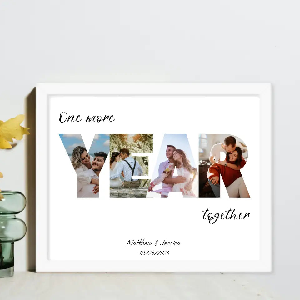 The photo collage in a white 20x16 inch frame features the word 'YEAR' filled with the couple's photos and personalized text: 'One more year together,' with names and date below is ideal for 8th Anniversary Gifts.