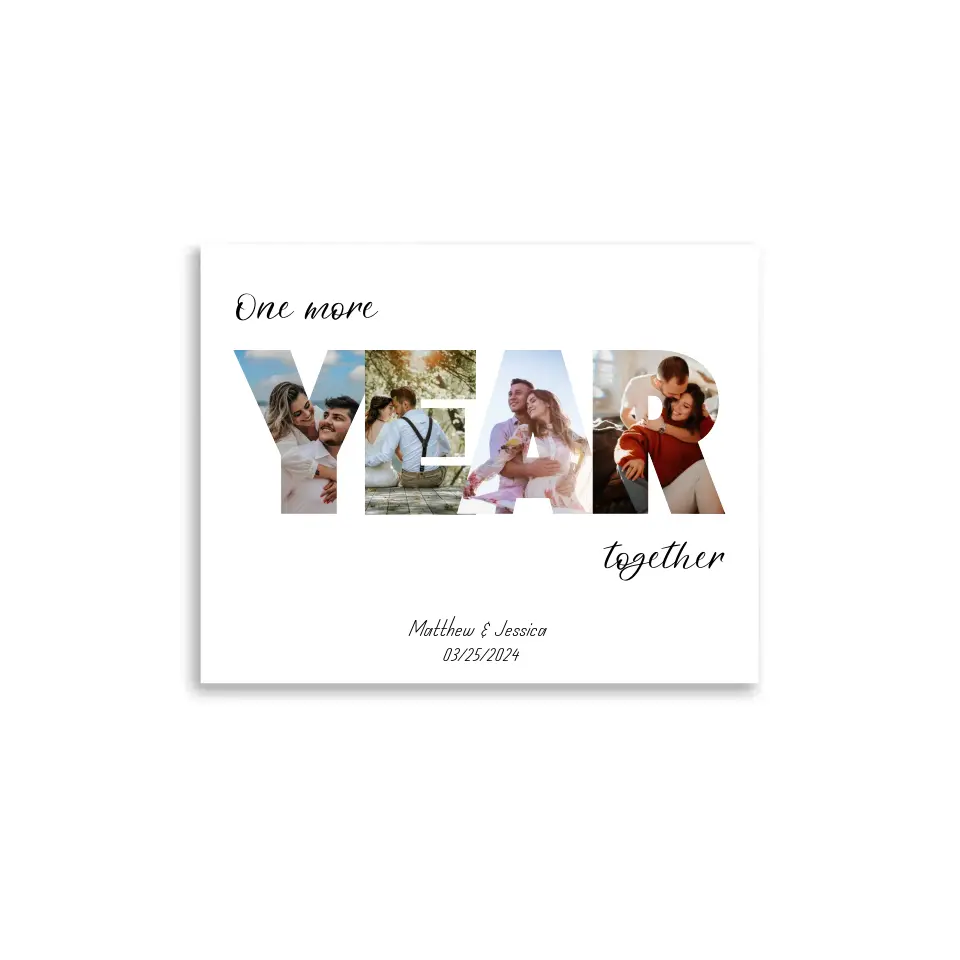 The photo collage poster of 14x11 inch features the word 'YEAR' filled with the couple's photos and personalized text: 'One more year together,' with names and date below is ideal for 8th Anniversary Gifts.