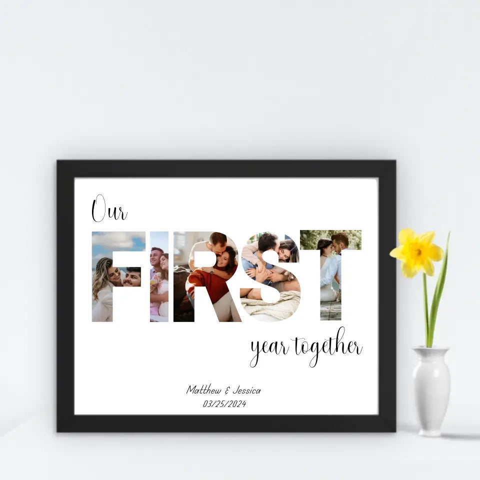 The photo collage in a black 14x11 inch frame features the word ‘FIRST’ filled with the couple's photos and personalized text: ‘Our first year together,' with names and date below is ideal for 1 year anniversary gift.