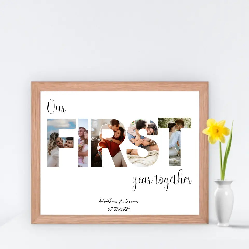 The photo collage in a red oak 20x16 inch frame features the word ‘FIRST’ filled with the couple's photos and personalized text: ‘Our first year together,' with names and date below is ideal for 1 year anniversary gift.