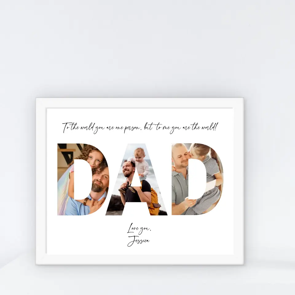 The dad photo collage in a white 14x11 inch frame features the word ‘DAD’ filled with photos of dad and kid with personalized text.