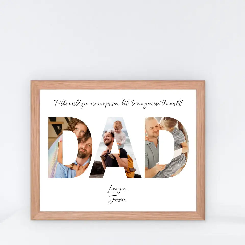 The dad photo collage in a red oak 14x11 inch frame features the word ‘DAD’ filled with photos of dad and kid with personalized text.