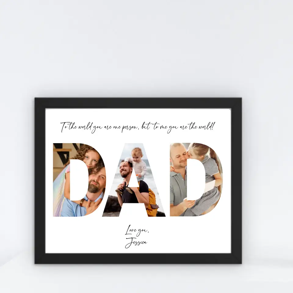 The dad photo collage in a black 20x16 inch frame features the word ‘DAD’ filled with photos of dad and kid with personalized text.