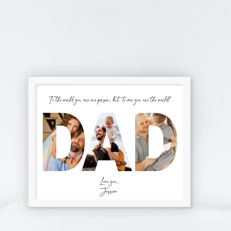 The dad photo collage in a white 20x16 inch frame features the word ‘DAD’ filled with photos of dad and kid with personalized text.