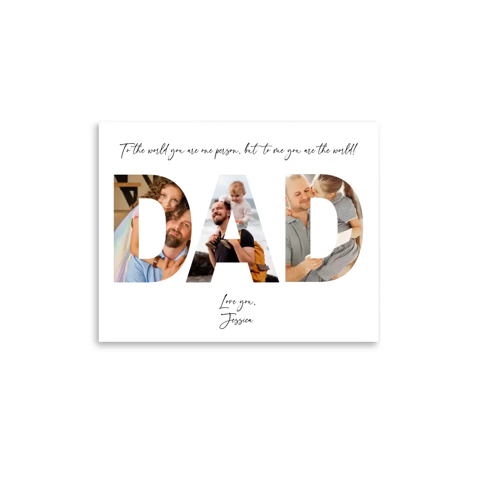 The dad photo collage poster of 14x11 inches features the word ‘DAD’ filled with photos of dad and kid with personalized text.