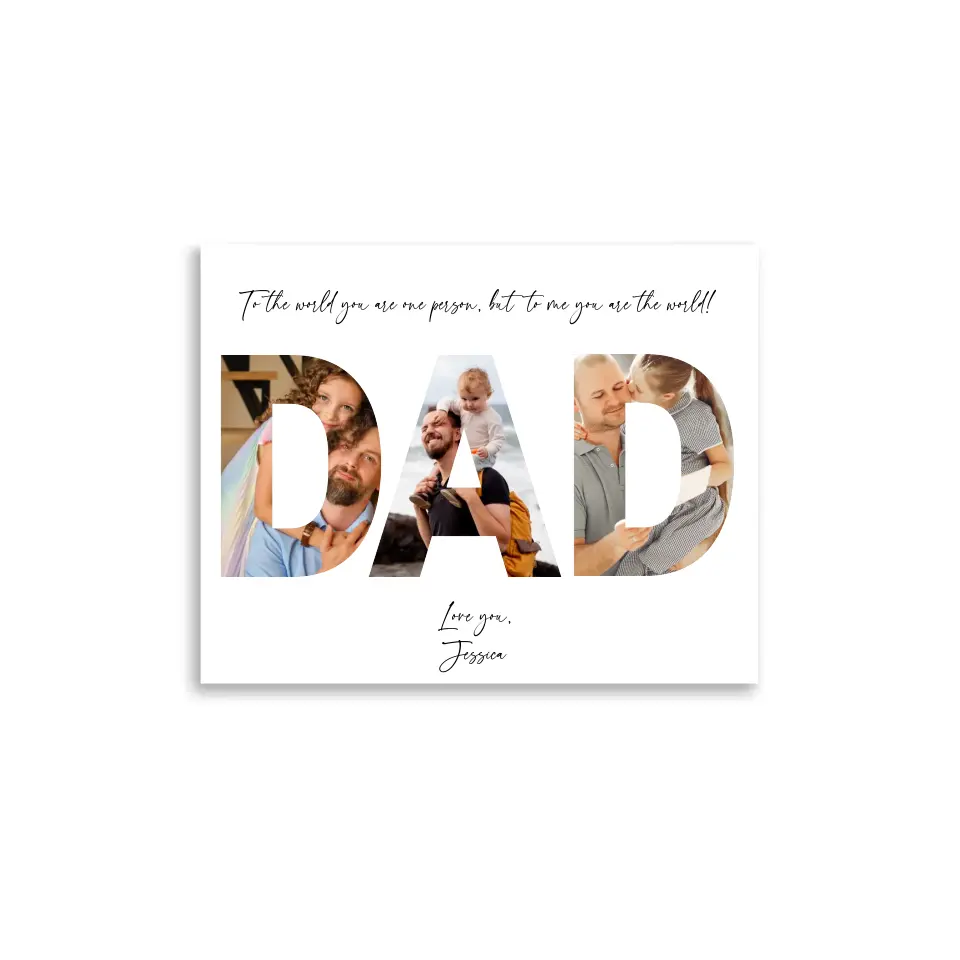 The dad photo collage poster of 20x16 inches features the word ‘DAD’ filled with photos of dad and kid with personalized text.