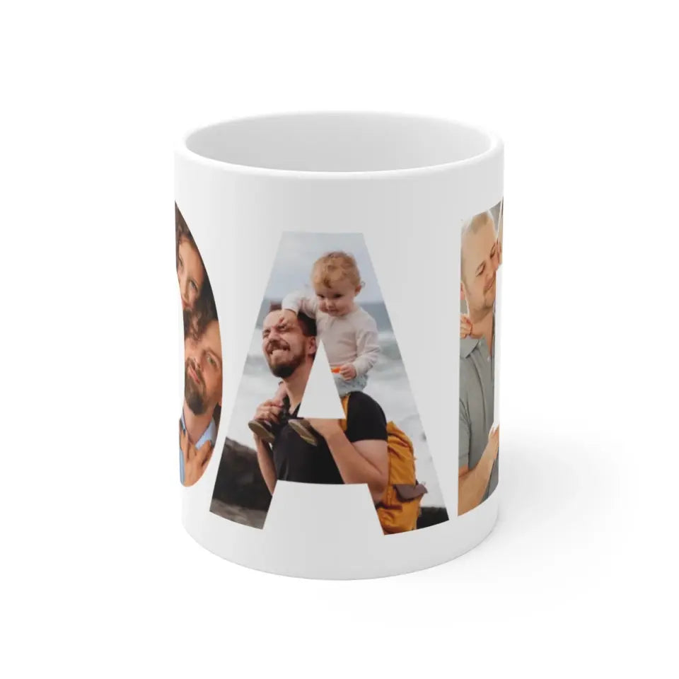 Front side of 11oz mug for the best dad ever features a photo collage inside the word 'DAD,' with the text 'The best dad ever’.