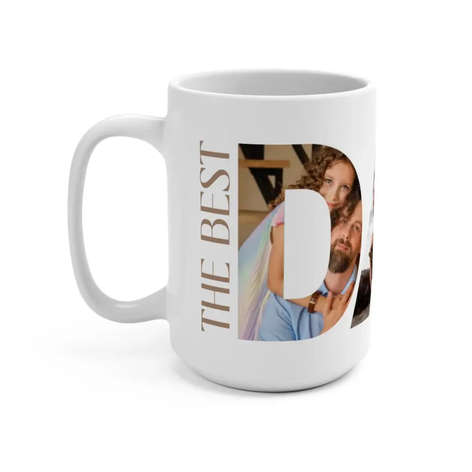 The left side of 15oz mug for the best dad ever featuring a photo collage inside the word 'DAD,' with the text 'The best dad ever’.