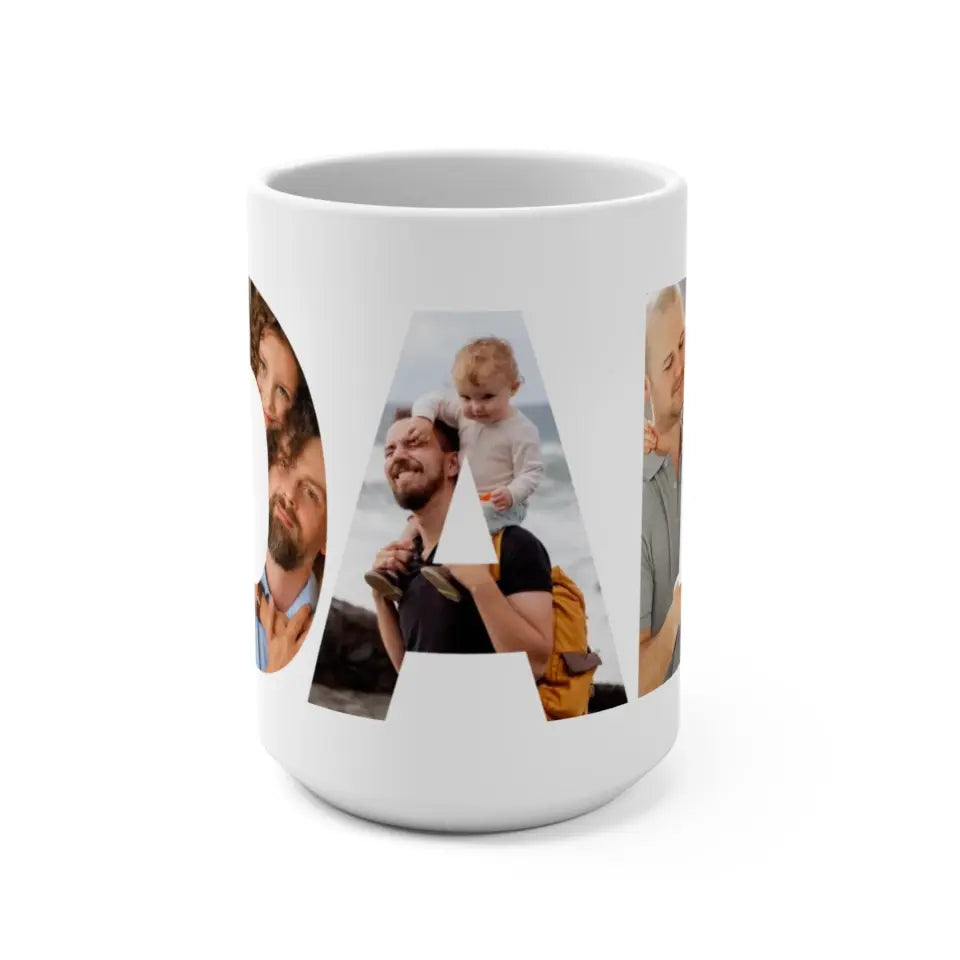 The front side of 15oz mug for the best dad ever featuring a photo collage inside the word 'DAD,' with the text 'The best dad ever’.