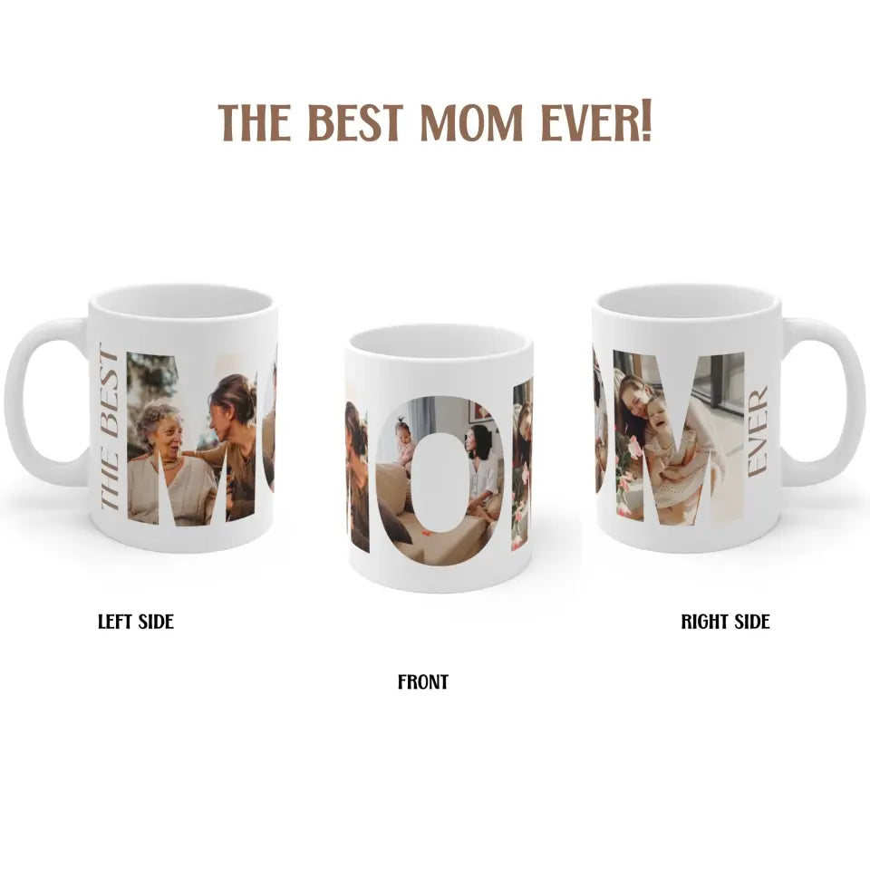 Left, front and right side of 11oz MOM photo collage mug