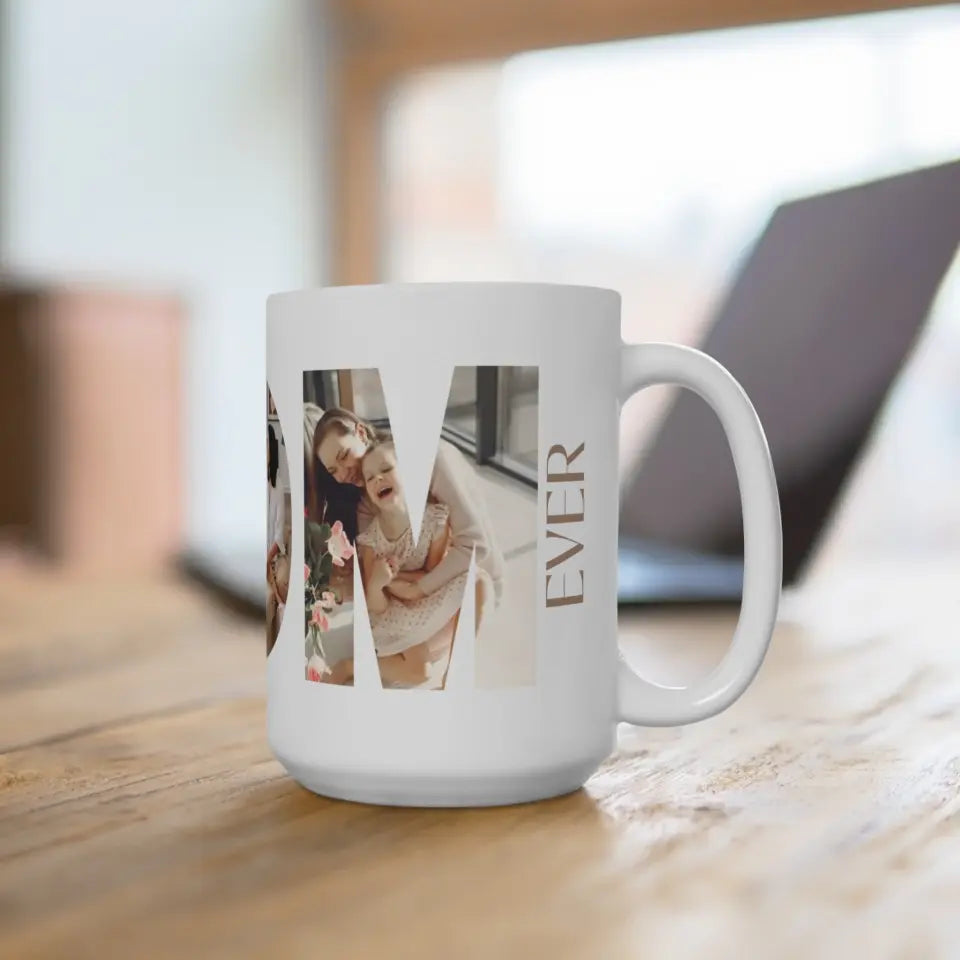 The right side of 15oz MOM photo collage mug placed on the table