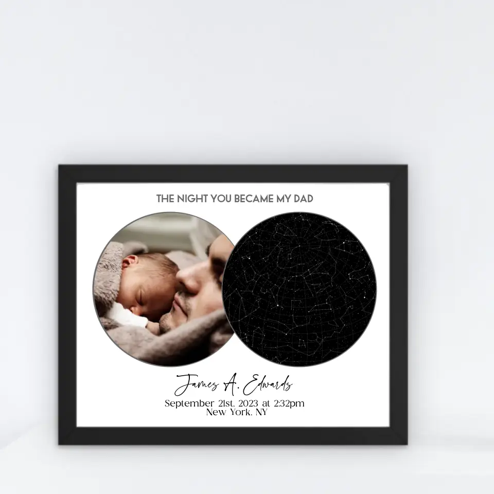 A black 14x11 inch framed photo with a star map, titled "The Night You Became My Dad"—an ideal Father's Day Star Map Gift.