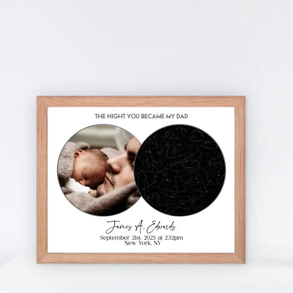 A red oak 14x11 inch framed photo with a star map, titled "The Night You Became My Dad"—an ideal Father's Day Star Map Gift.