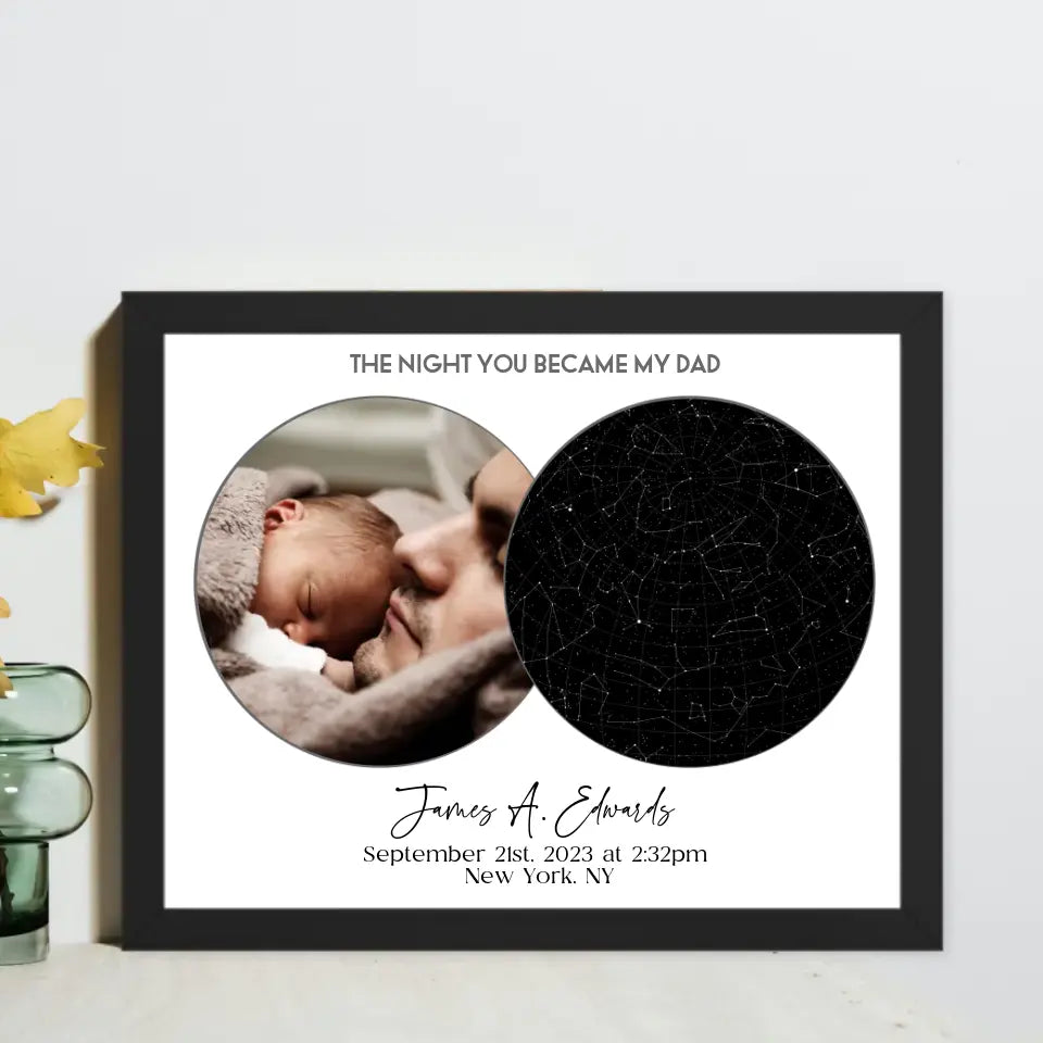 A black 20x16 inch framed photo with a star map, titled "The Night You Became My Dad"—an ideal Father's Day Star Map Gift.